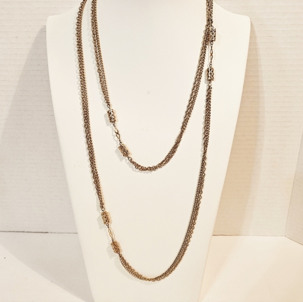Vintage Necklace Gold Tone Double Chain with Filigree Barrel Shaped Spacers
